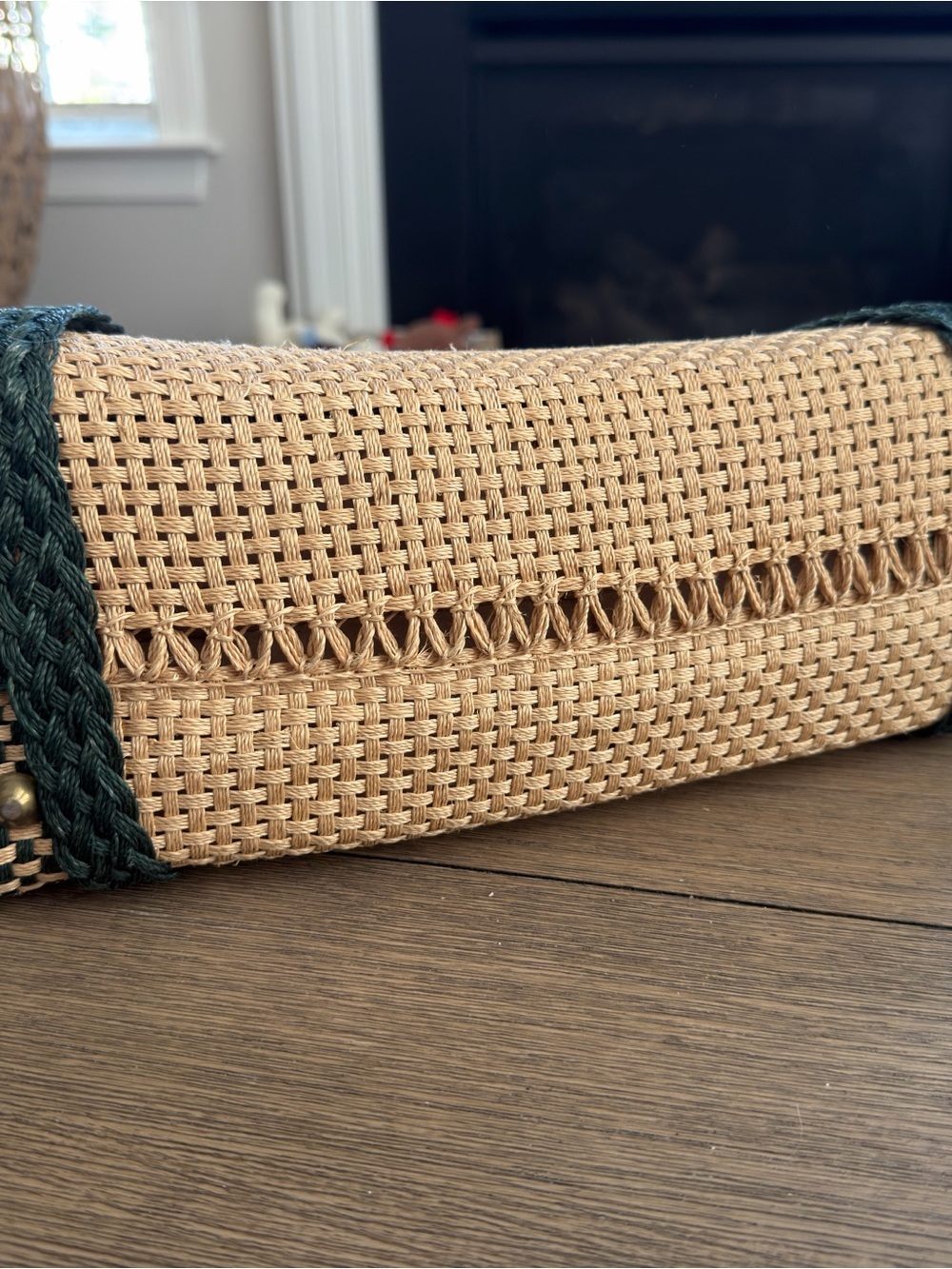 Woven Straw Tote Bag with Green Accents - Picture 5 of 6